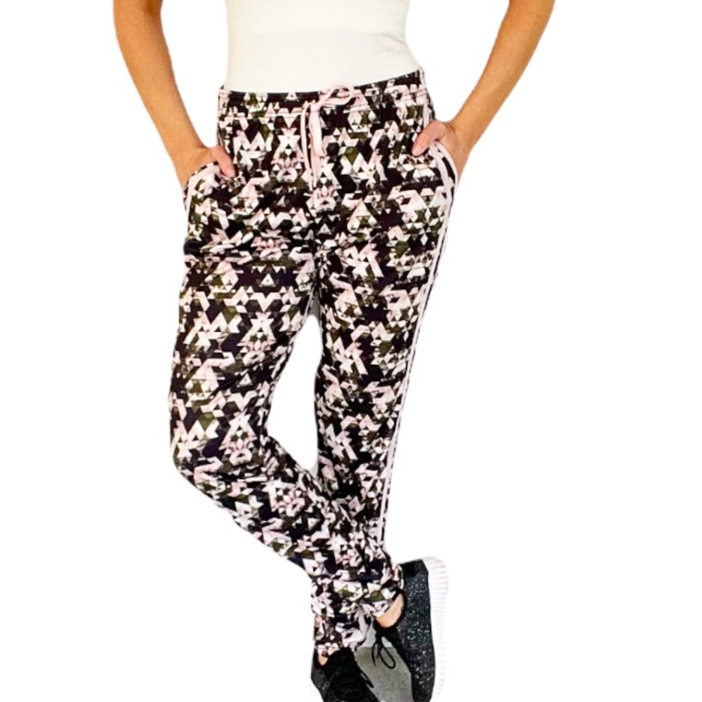 Energie green pink abstract print jogger style track pants size medium